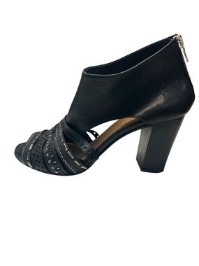 Italian Leather Peep Toe Black Chunky Heel Beaded Peep-Toe Sandals, size 41